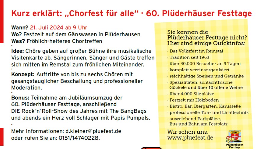 Chorfest für alle bei den 60. Plüderhäuser Festtagen